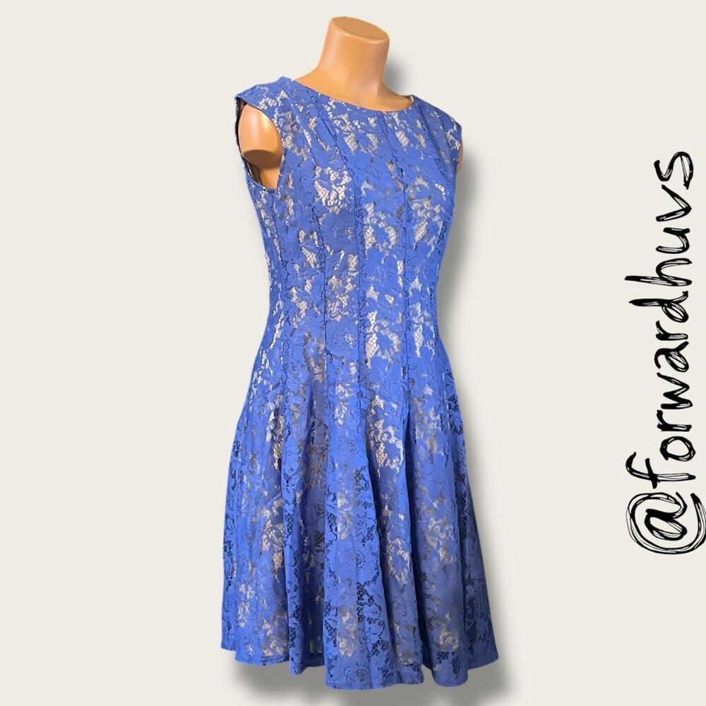 Julian Taylor Rose Lace Fit & Flare Dress – Size 10 – Royal Blue with Nude Under